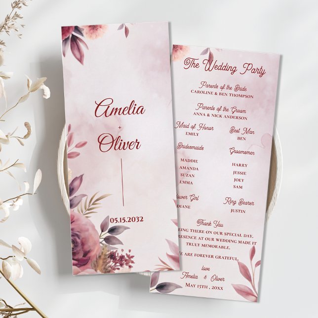 Programa de Ceremonia de Boda Floral Botánico con  (Blush Floral Wedding Program | Elegant Romantic Botanical Wedding Ceremony Program)