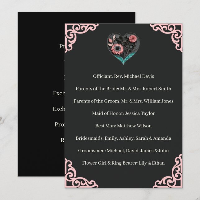 Programa de Ceremonia de Boda Floral Corazón Rosa (Anverso / Reverso)