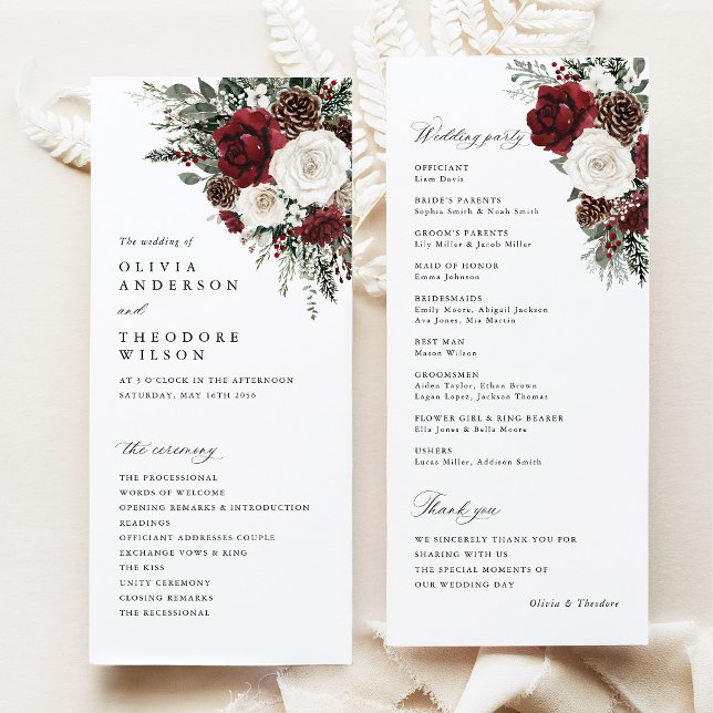 Programa de Ceremonia de Boda Floral de Invierno d (Burgundy winter floral wedding program card, pinecone ceremony program, elegant wedding party)