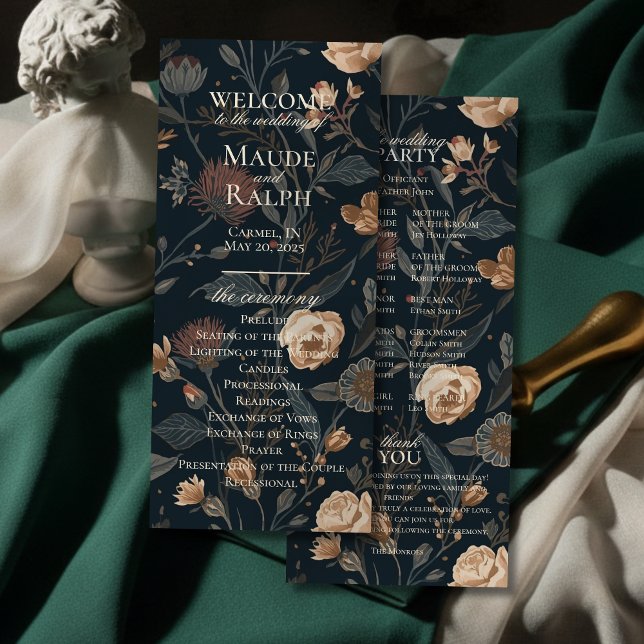 Programa de Ceremonia de Boda Floral Negro Contemp (Guide your guests through your ceremony in timeless style with this Contemporary Wedding Program!)