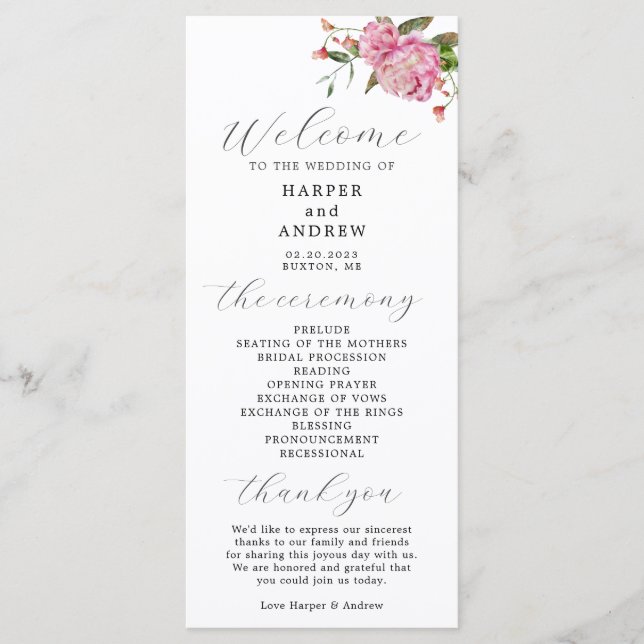 Programa de Ceremonia de Boda Floral Rosa (Anverso)