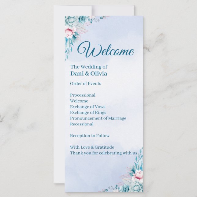 Programa de Ceremonia de Boda Floral Turquesa (Anverso)