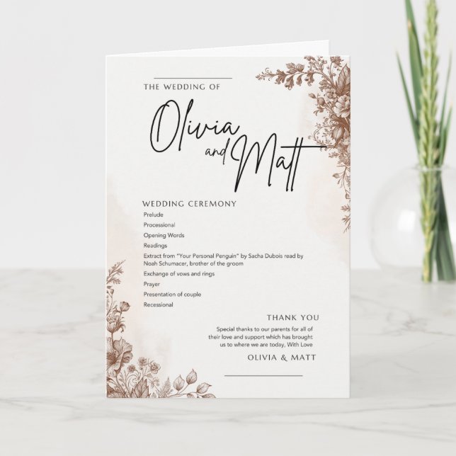 Programa de Ceremonia de Boda – Marrón Floral Eleg (Anverso)