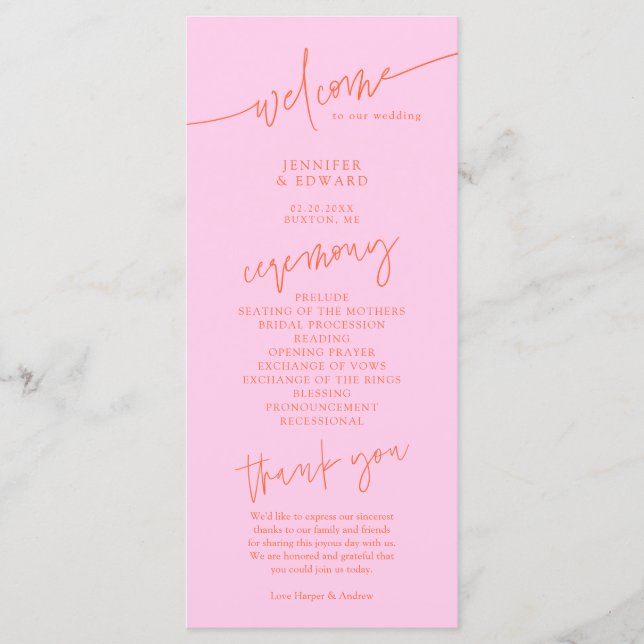 Programa de Ceremonia de Boda Minimalista Naranja  (Anverso)