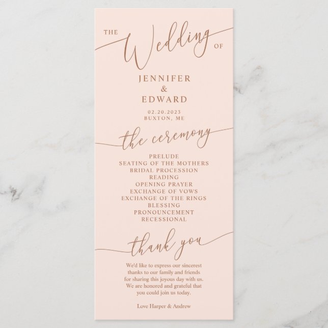 Programa de ceremonia de Boda mínimo rosa de Rubor (Anverso)