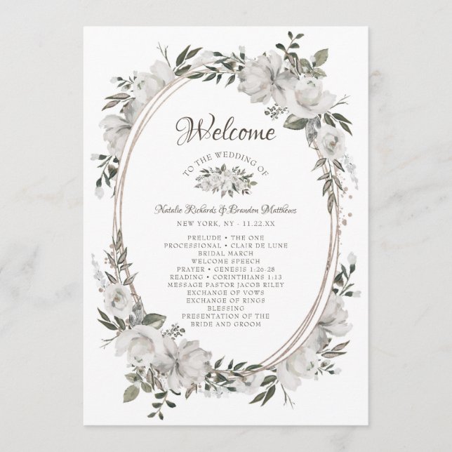Programa de Ceremonia de Boda Oval Floral Blanco V (Anverso)