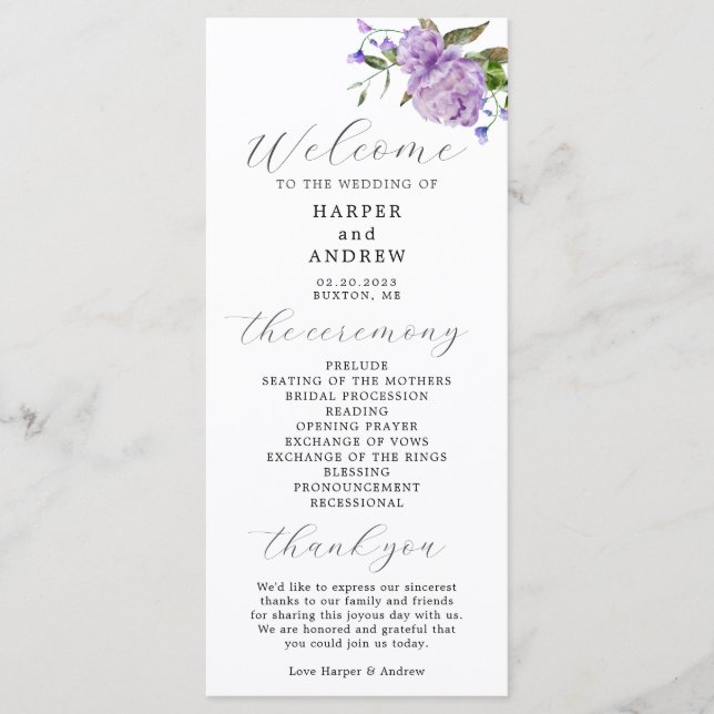 Programa de Ceremonia de Boda Purple Floral (Anverso)
