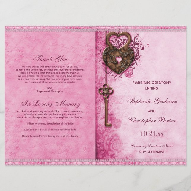 Programa de Ceremonia de Boda rosa de clave de blo (Anverso)