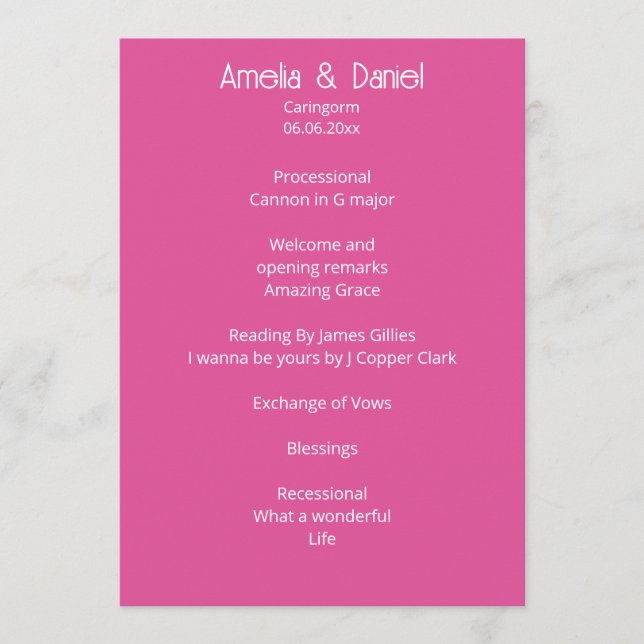 Programa de Ceremonia de Boda Rosa Frambuesa (Anverso)