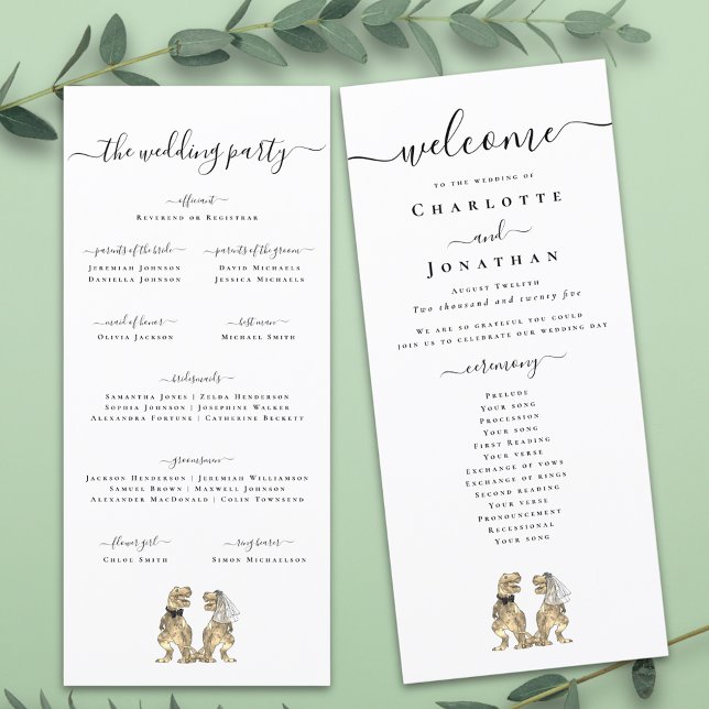 Programa de Ceremonia de Boda Temático de Dinosaur (Dinosaur theme wedding program card Funny T-Rex dino bride and groom elegant modern script)