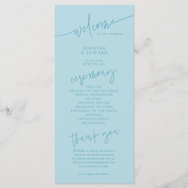 Programa de Ceremonia de Boda Turquesa Minimalista (Anverso)