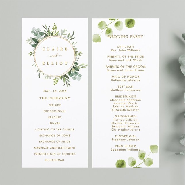 Programa de Ceremonia de Boda Verde Dorado Botánic (Front & Back)