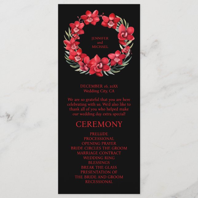 Programa de Ceremonia de Bodas de orquídeas rojas (Anverso)
