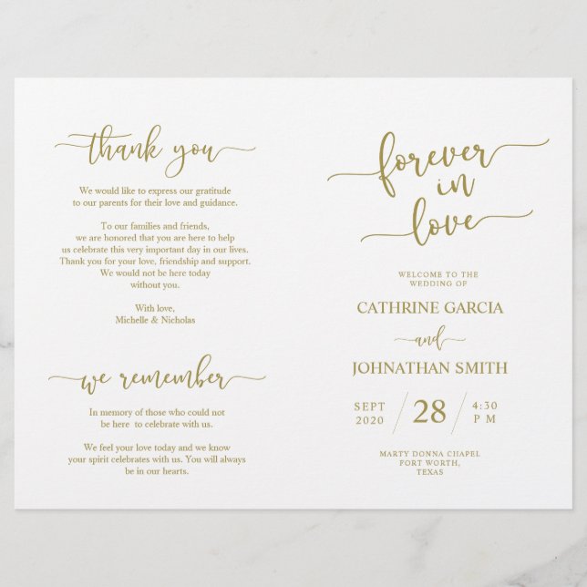 Programa de Ceremonia de bodas, elegante guión dor (Anverso)