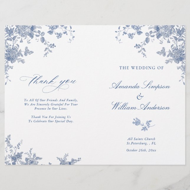 Programa de Ceremonia de Bodas Florales Azules de  (Anverso)