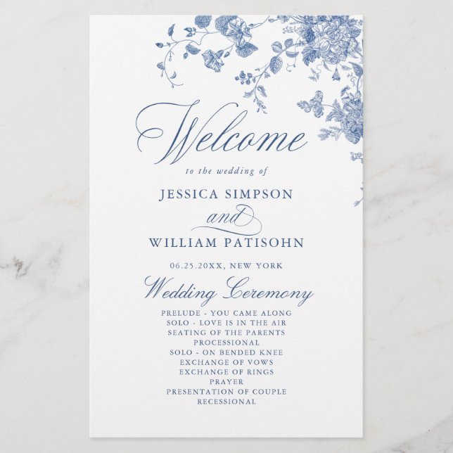 Programa de Ceremonia de Bodas Florales Azules de  (Anverso)