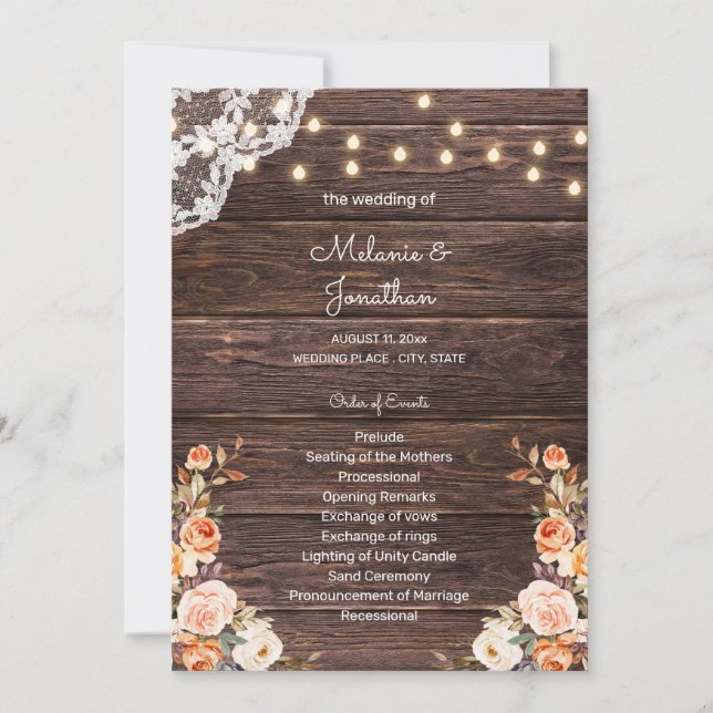 Programa de Ceremonia de Bodas Florales en Madera  (Anverso)