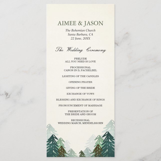 Programa de Ceremonia de Bodas Forestales Pine Tre (Anverso)