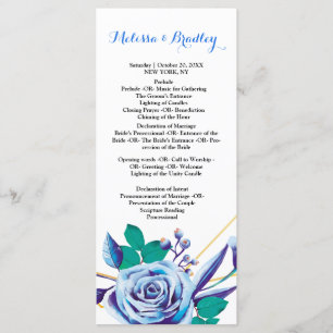 Programa de ceremonia de flora azul con marco dora