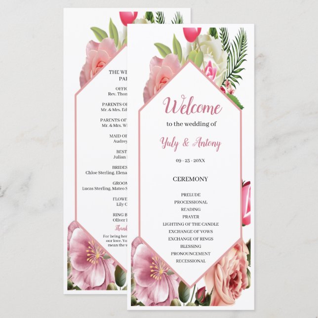 Programa de Ceremonia de Hexágono Floral Rosa Mode (Anverso / Reverso)