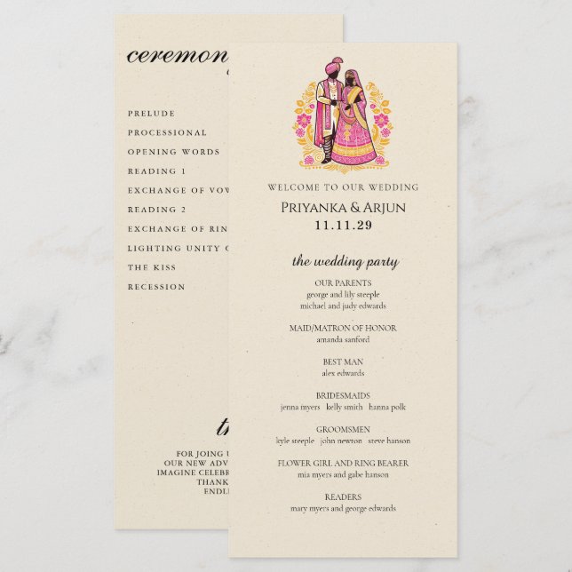 Programa de Ceremonia de Pareja India Colorido (Anverso / Reverso)
