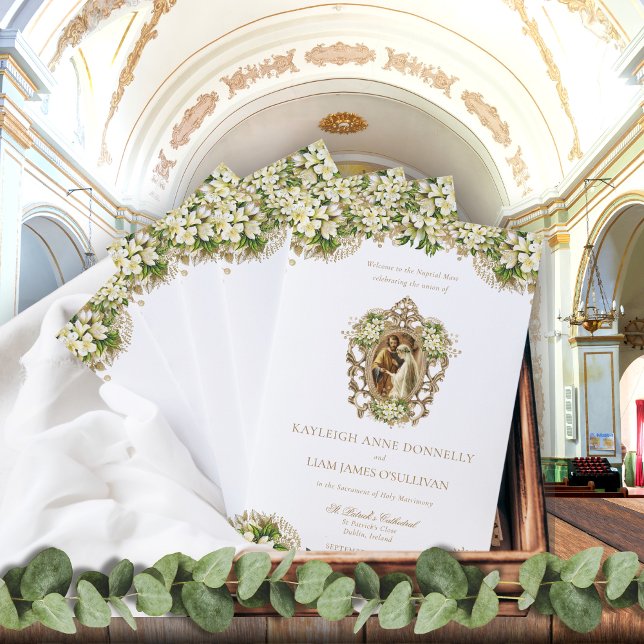 Programa de Ceremonia Masiva de Bodas Católicos Vi (Elegant, vintage, Catholic wedding mass program with white and gold flowers, lace and greenery)