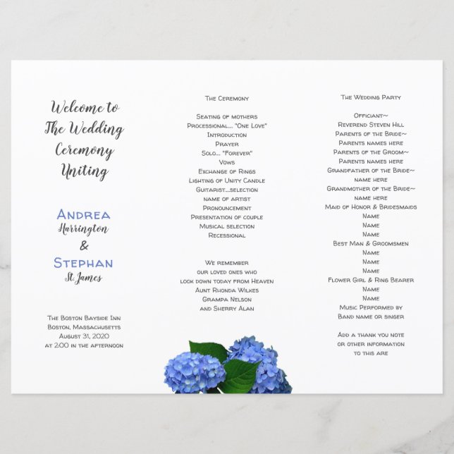 Programa de Ceremonia plegada de Boda Floral Azul (Anverso)