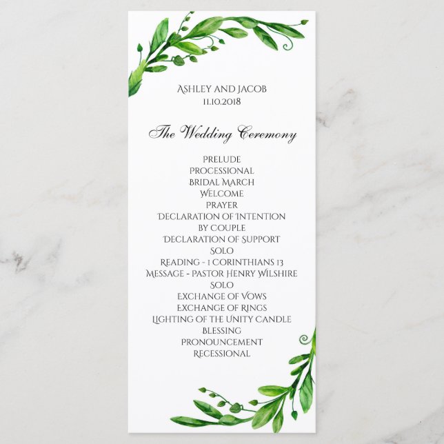 Programa de ceremonia verde. Boda en el jardín. Ve (Anverso)