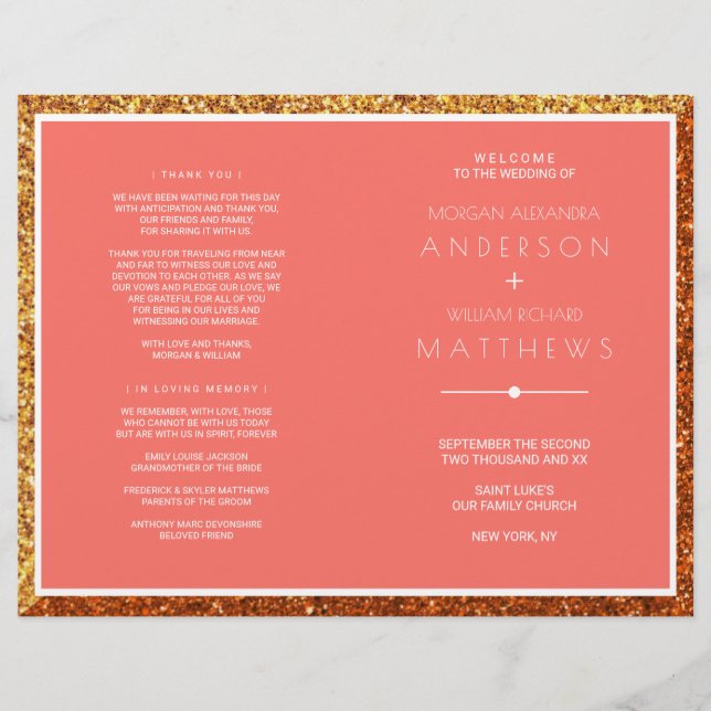 Programa de ceremonias de Boda de coral elegante (Anverso)