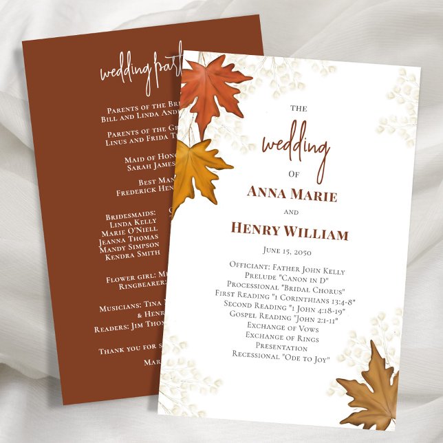 Programa de ceremonias de Boda de otoño (Fall leaves autumn watercolor wedding ceremony program.)