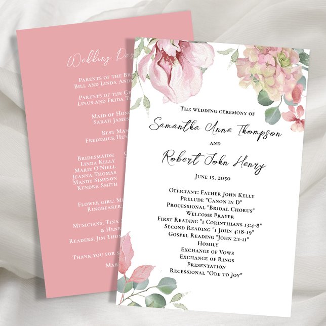 Programa de ceremonias de Boda floral rosa de Rubo (Elegant blush pink floral wedding ceremony program. )