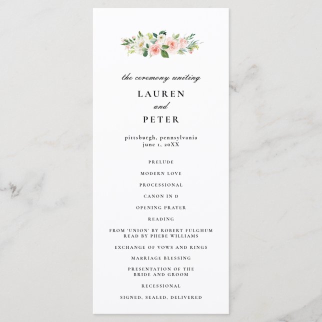 Programa de ceremonias de Boda floral rosa de Rubo (Anverso)