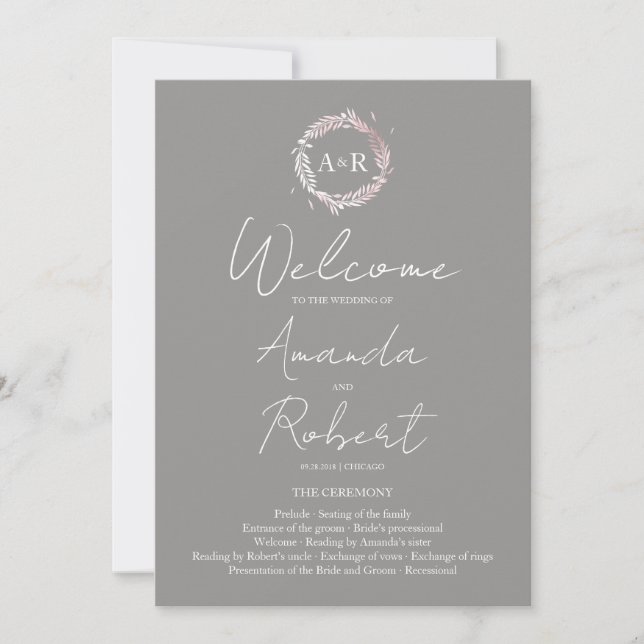 Programa de ceremonias de Boda gris monogramo (Anverso)