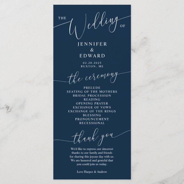 Programa de ceremonias de Boda mínimo azul de la M (Anverso)