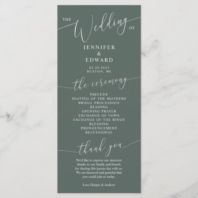 Programa de ceremonias de Boda mínimo verde (Anverso)