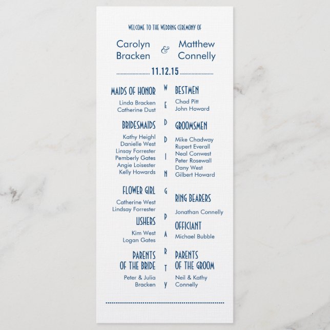 Programa de ceremonias de Boda moderno de la Marin (Anverso)
