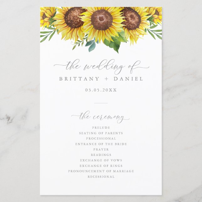Programa de ceremonias para Bodas de girasol elega (Anverso)