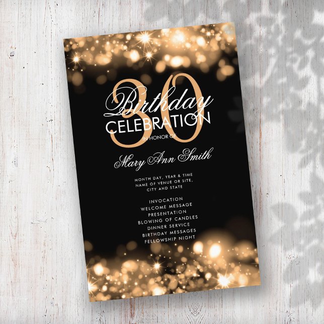 Programa de cumpleaños 30 Glam Lights Gold Menu (Subido por el creador)
