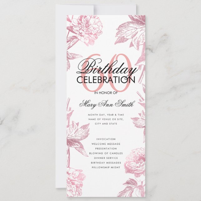 Programa de cumpleaños 60º Floral Menú de oro Rosa (Anverso)