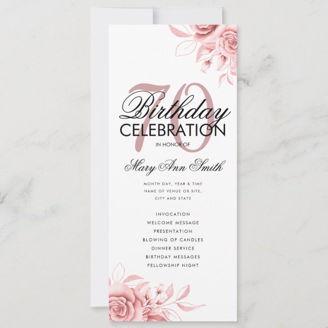 Programa de cumpleaños 70º Floral Menú de oro Rosa (Anverso)