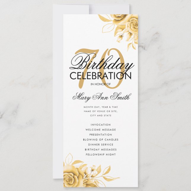 Programa de cumpleaños 70º Floral Oro con Menú (Anverso)