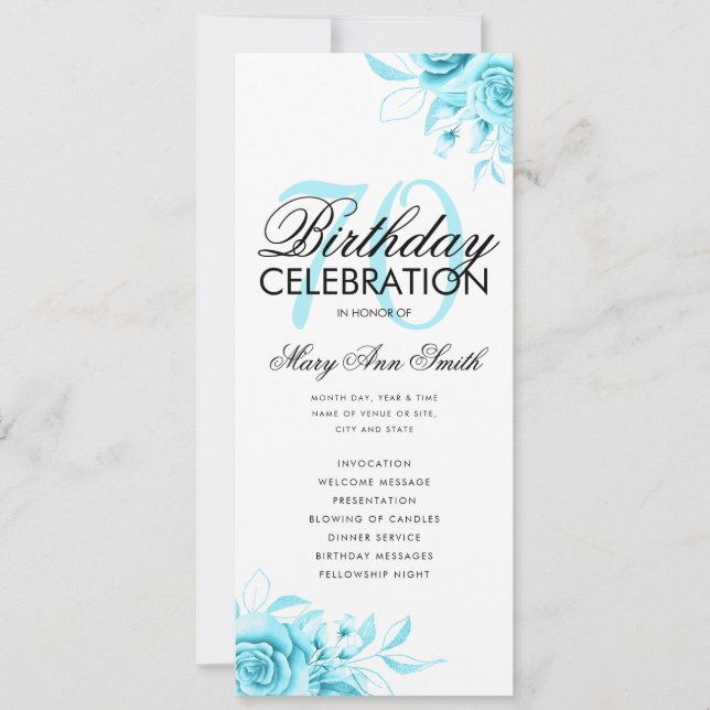 Programa de cumpleaños 70 de Floral Verde azulado  (Anverso)