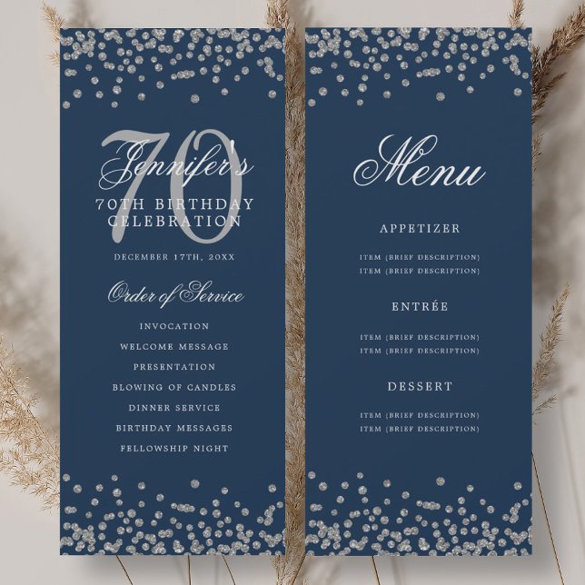 Programa de cumpleaños 70 elegante menú plata azul (Elegant 70th Birthday Program Silver Menu Navy )