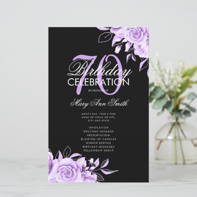 Programa de cumpleaños 70 Floral Purple Black con  (Anverso de pie)