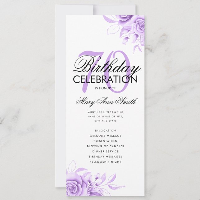 Programa de cumpleaños 70 Floral Purple con Menú (Anverso)