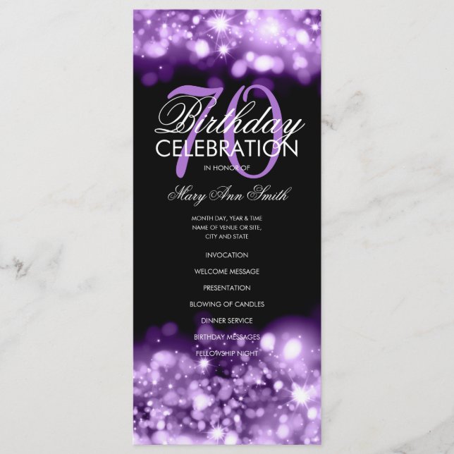 Programa de cumpleaños 70 Glam Lights Purple Menu (Anverso)