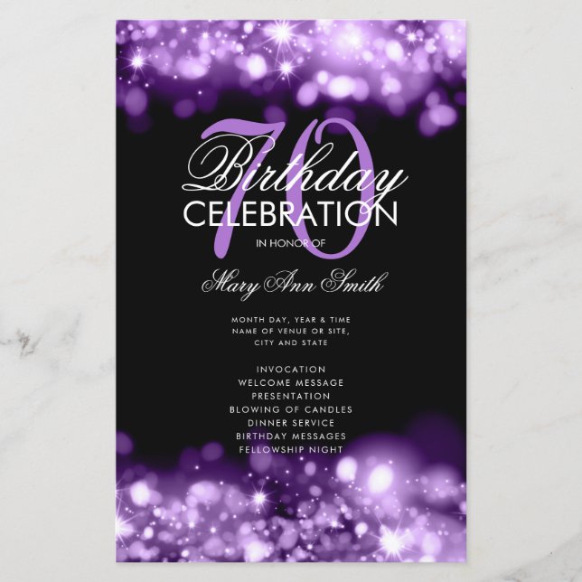 Programa de cumpleaños 70 Glam Lights Purple Menu (Anverso)