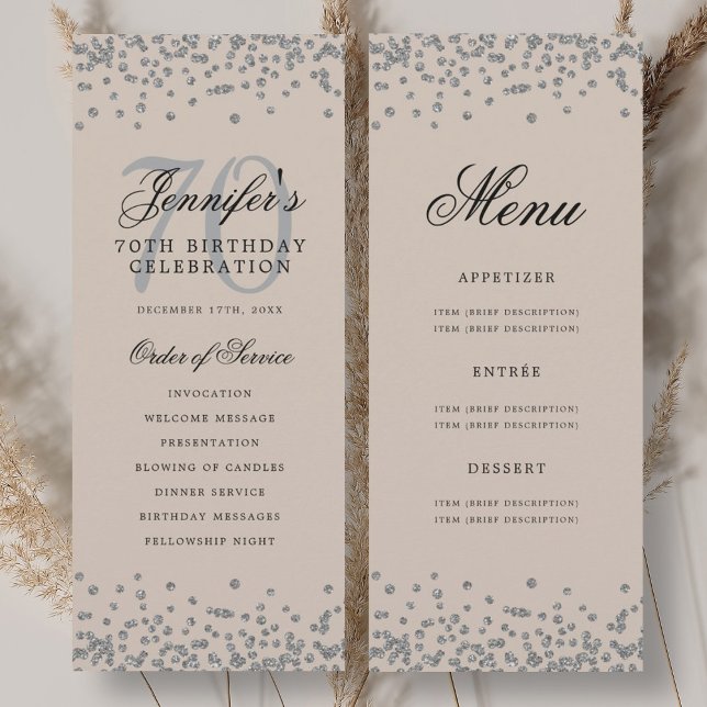 Programa de cumpleaños 70 Menú de plata Champán (70th Birthday Program Silver Menu Champagne )