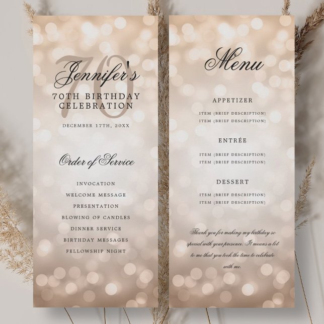 Programa de cumpleaños 70 Rose Gold Bokeh Menu (70th Birthday Program Rose Gold Bokeh Menu)