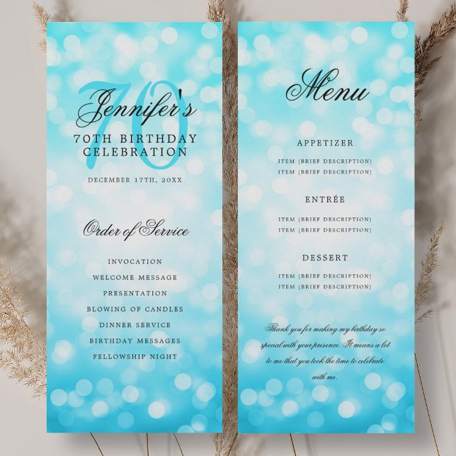 Programa de cumpleaños 70 Turquesa Bokeh Menu (70th Birthday Program Turquoise Bokeh Menu)